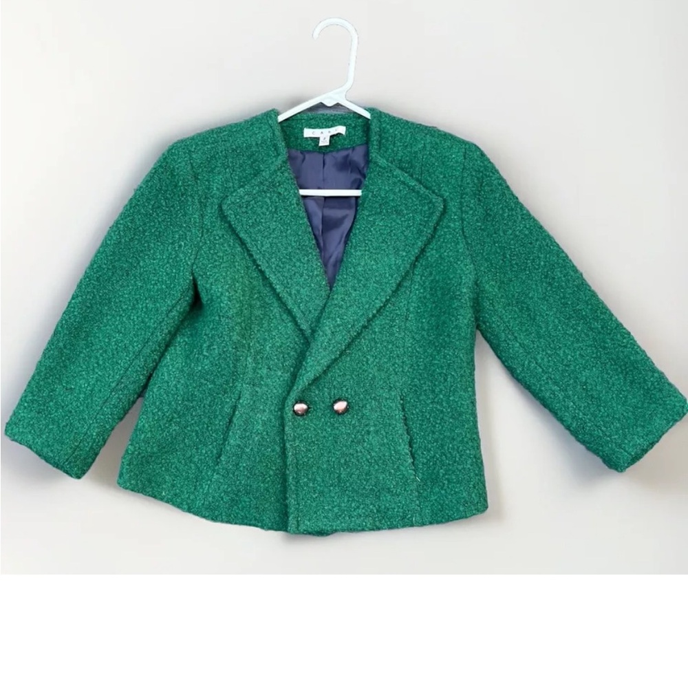 CAbi Women's Green Ivy Wool Blend Boucle Blazer Size 2 Double Breasted  Cropped